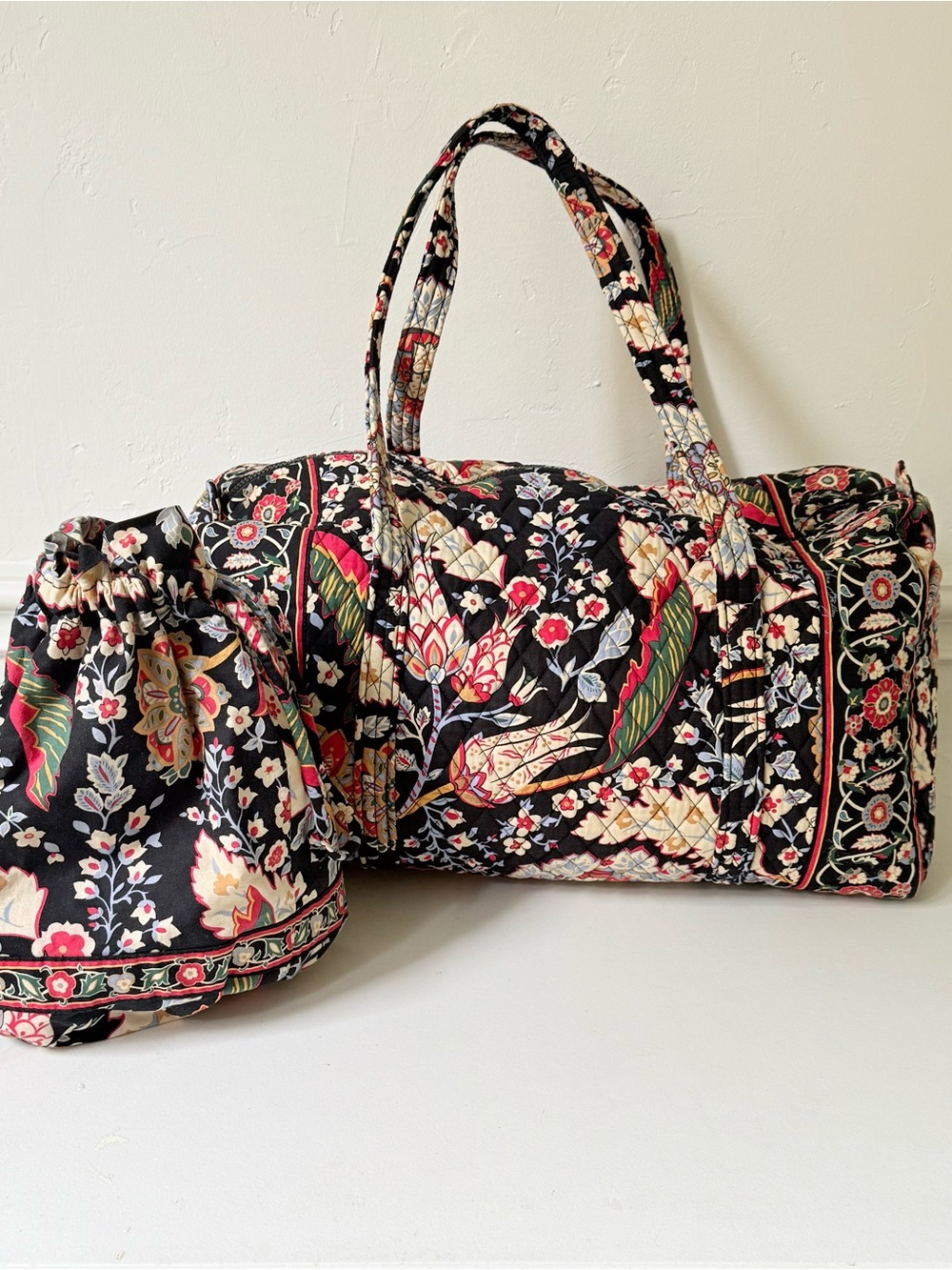 Vera Bradley Quilted Floral Travel Duffel Set in Black, Red and Cream